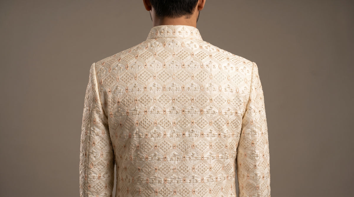 Cream peach Mirror eye Sherwani Set