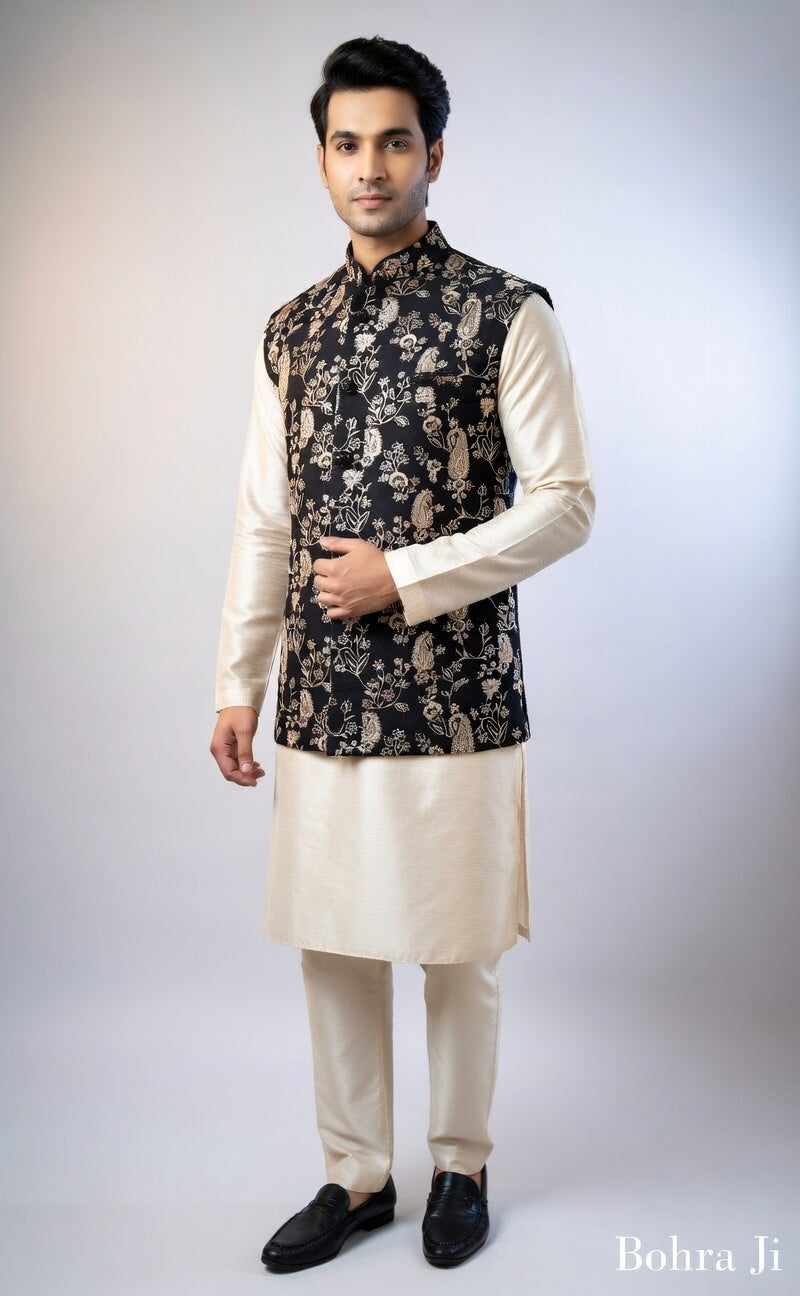 Man wearing a traditional kurta with a floral vest on a white background