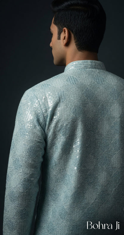 Checker Design Sequin Teal Blue Kurta/ Set