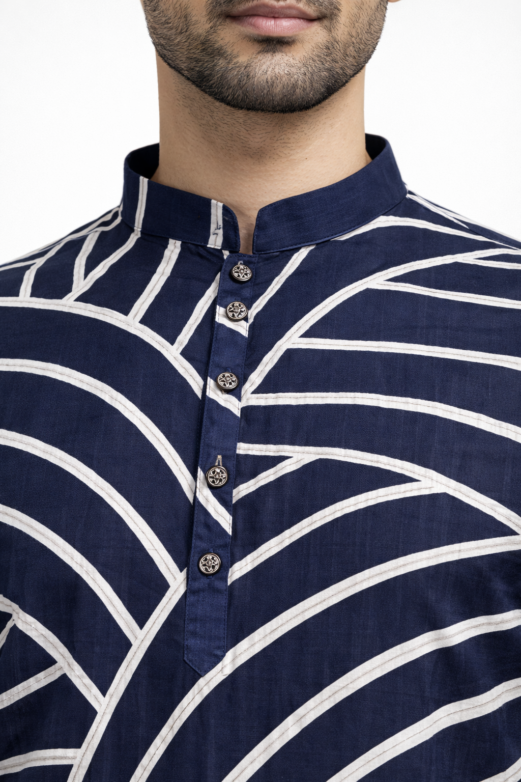 Navy and white striped shirt worn by a person on a white background