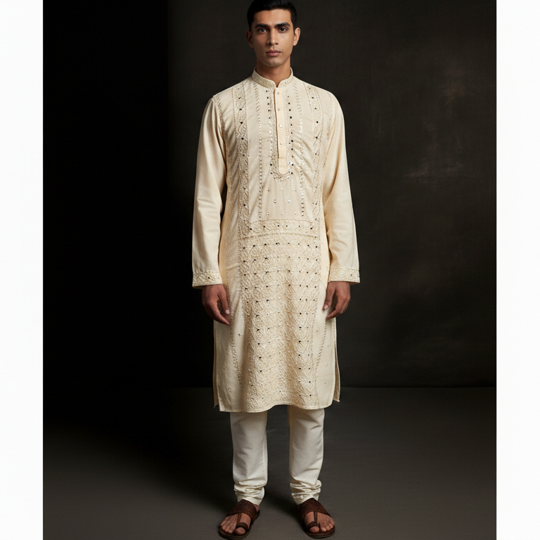 Designer Creme Hand Mirror Work Kurta Set
