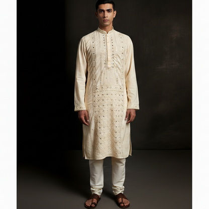 Designer Creme Hand Mirror Work Kurta Set