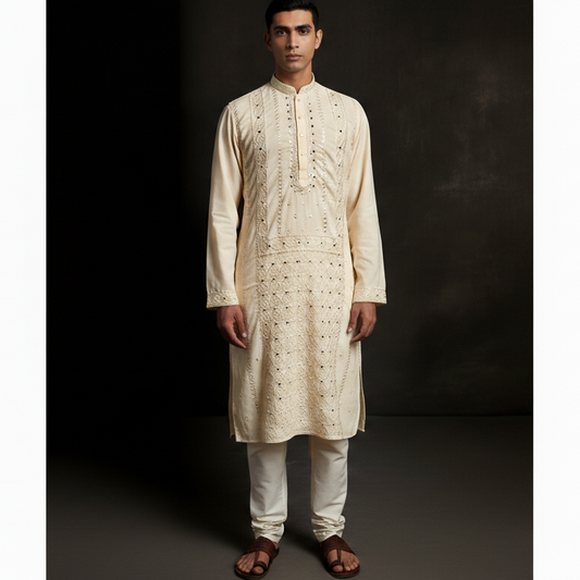 Designer Creme Hand Mirror Work Kurta Set