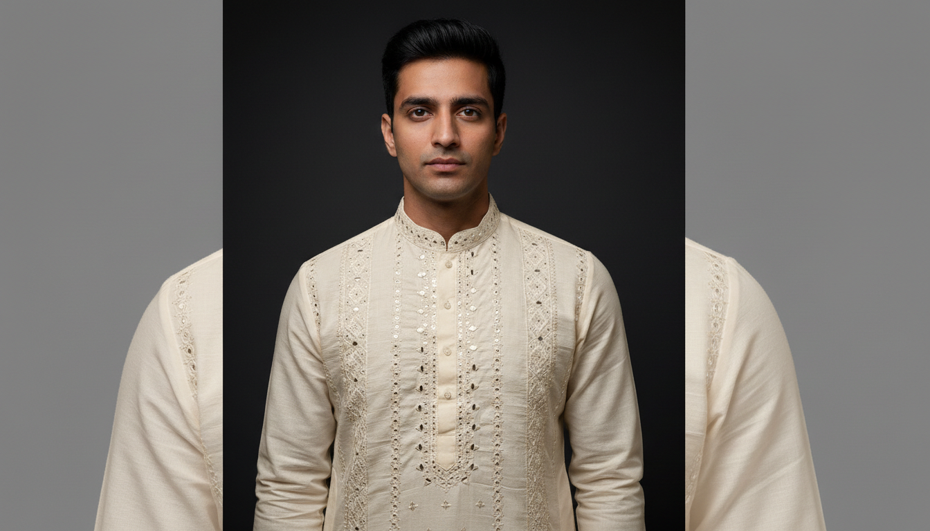 Designer Creme Hand Mirror Work Kurta Set
