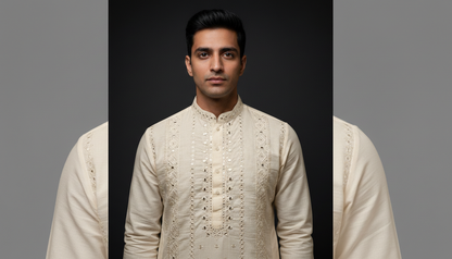 Designer Creme Hand Mirror Work Kurta Set