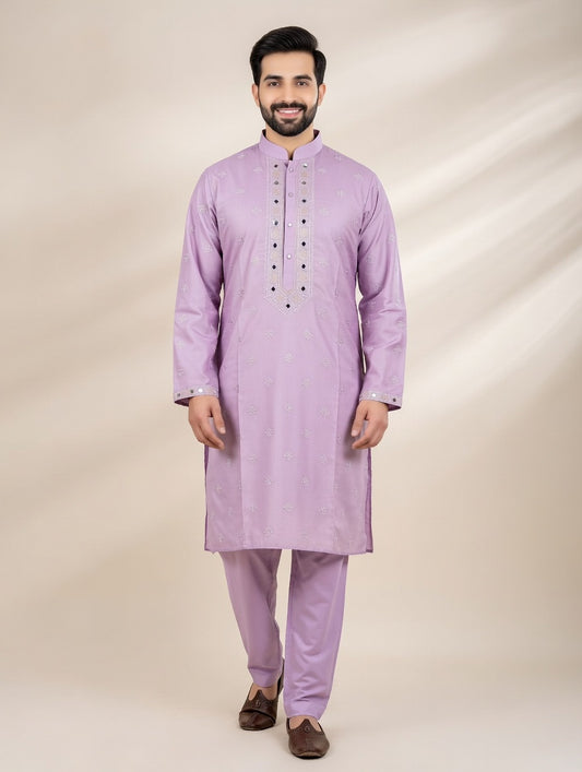 Man wearing a light purple kurta with pants on a beige background