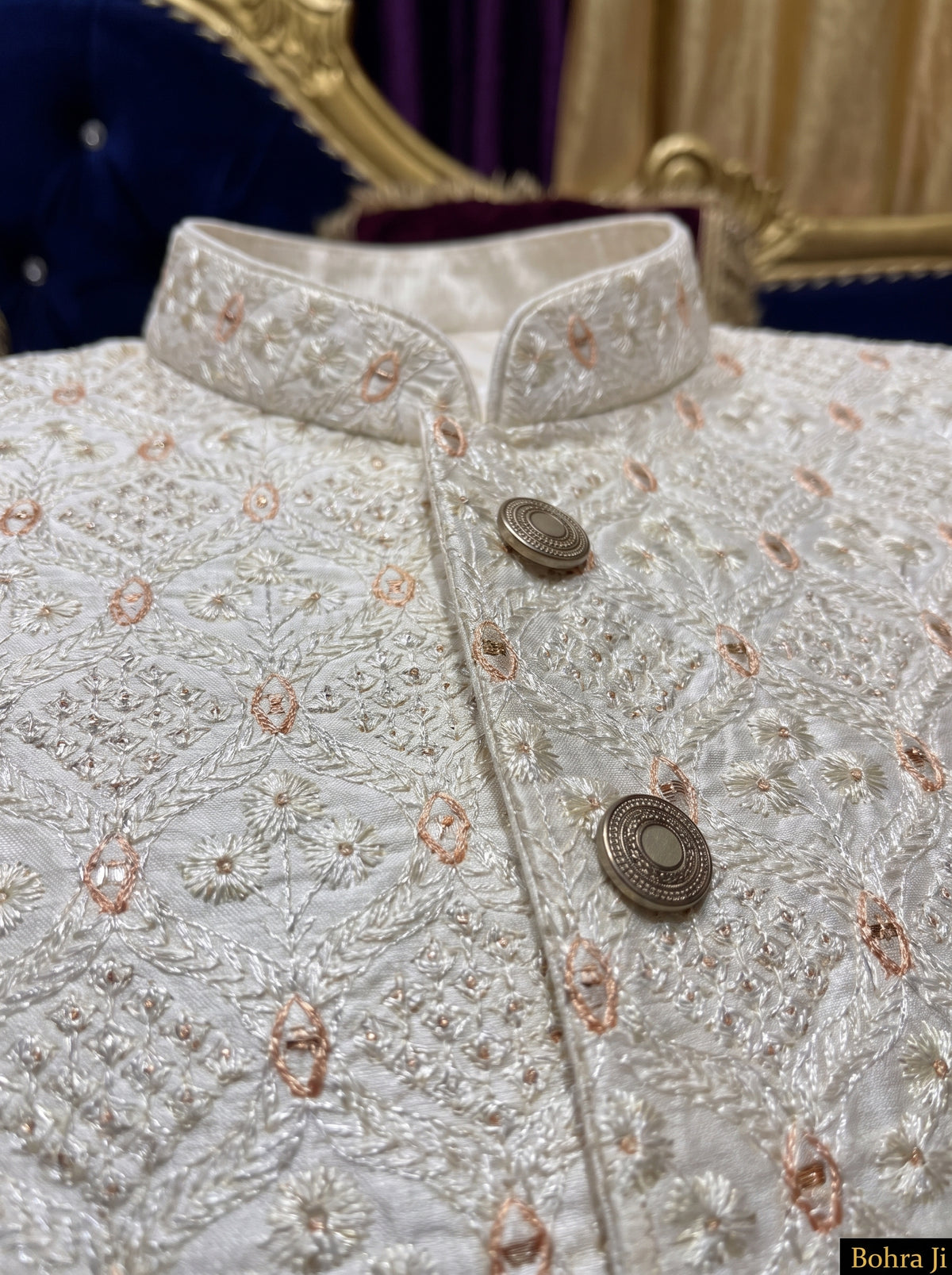Cream peach Mirror eye Sherwani Set