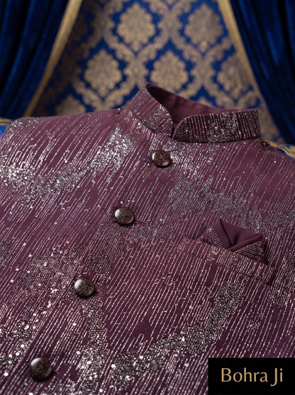 Maroon Silk Embroidered Nehru Jacket Set with Silver Threadwork