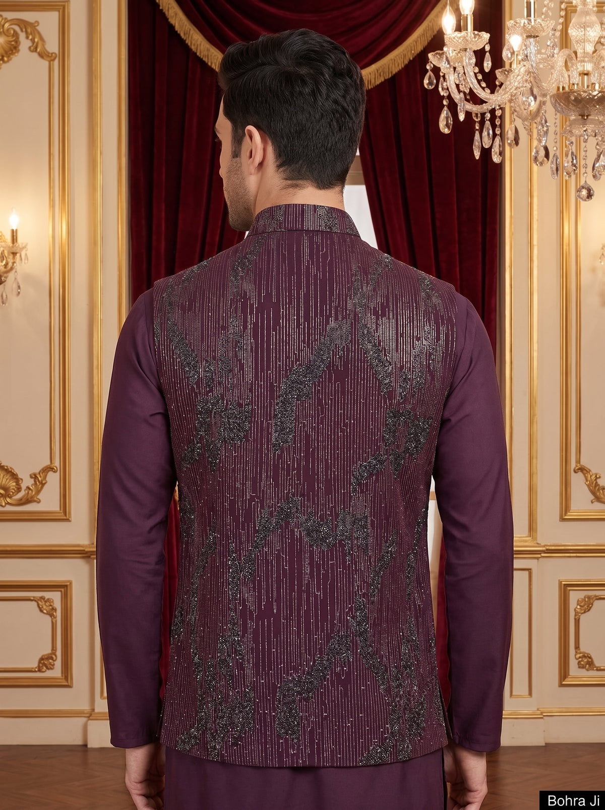Maroon Silk Embroidered Nehru Jacket Set with Silver Threadwork