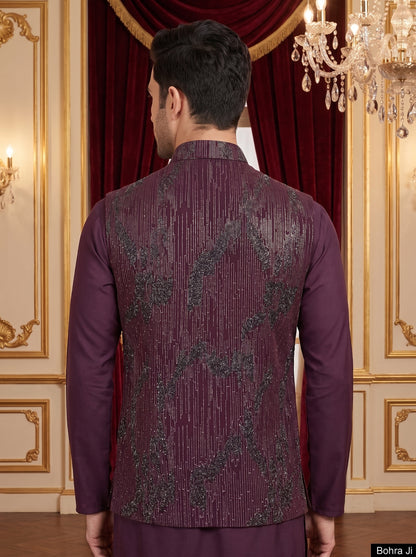 Maroon Silk Embroidered Nehru Jacket Set with Silver Threadwork