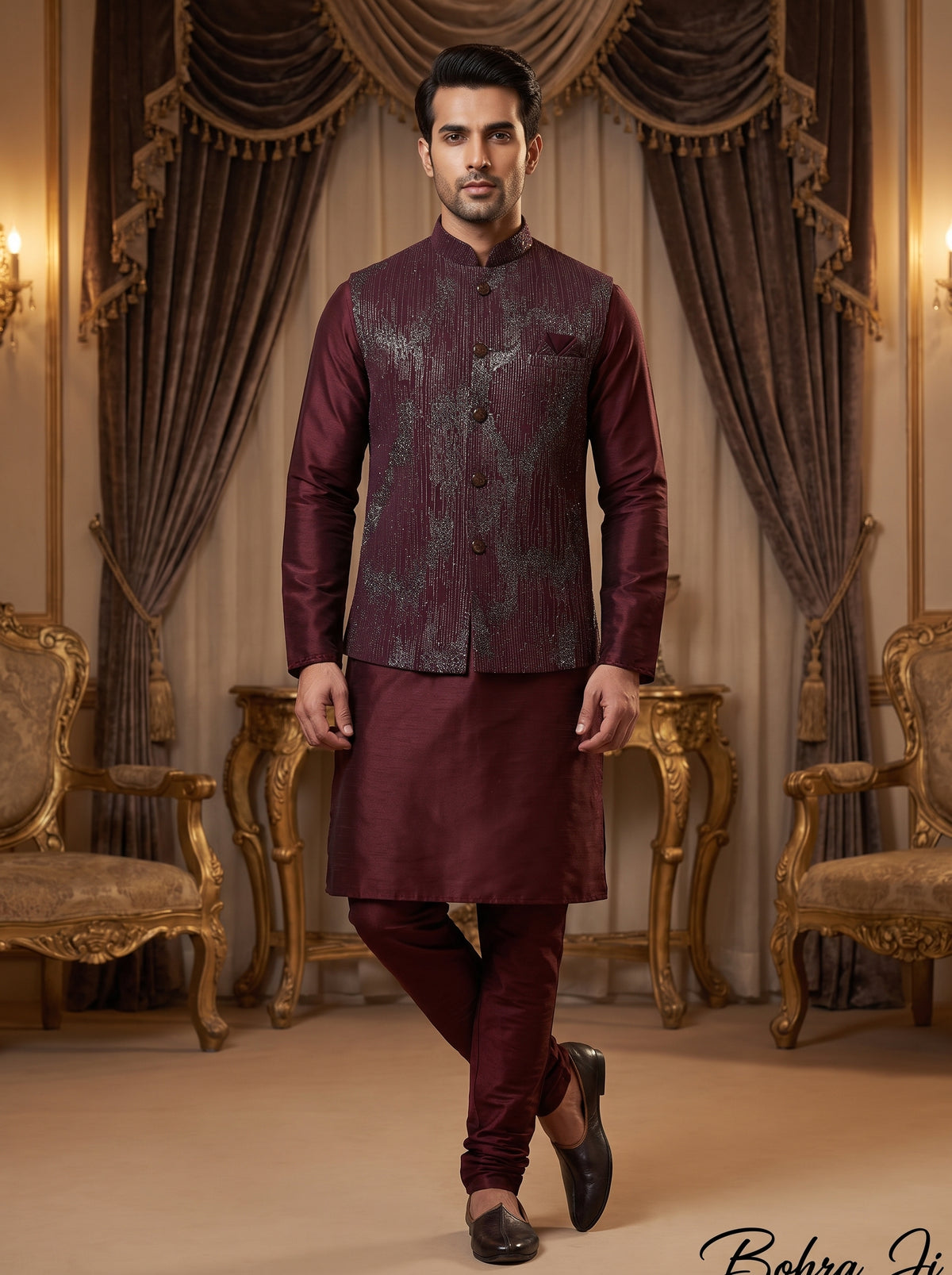 Maroon Silk Embroidered Nehru Jacket Set with Silver Threadwork