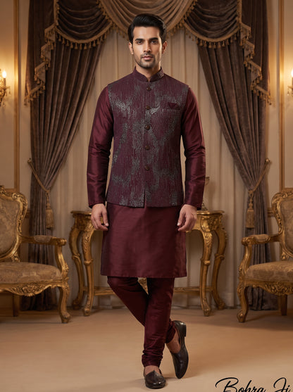 Maroon Silk Embroidered Nehru Jacket Set with Silver Threadwork