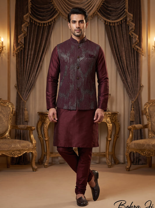 Maroon Silk Embroidered Nehru Jacket Set with Silver Threadwork