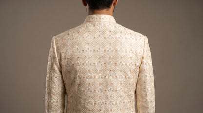 Cream peach Mirror eye Sherwani Set