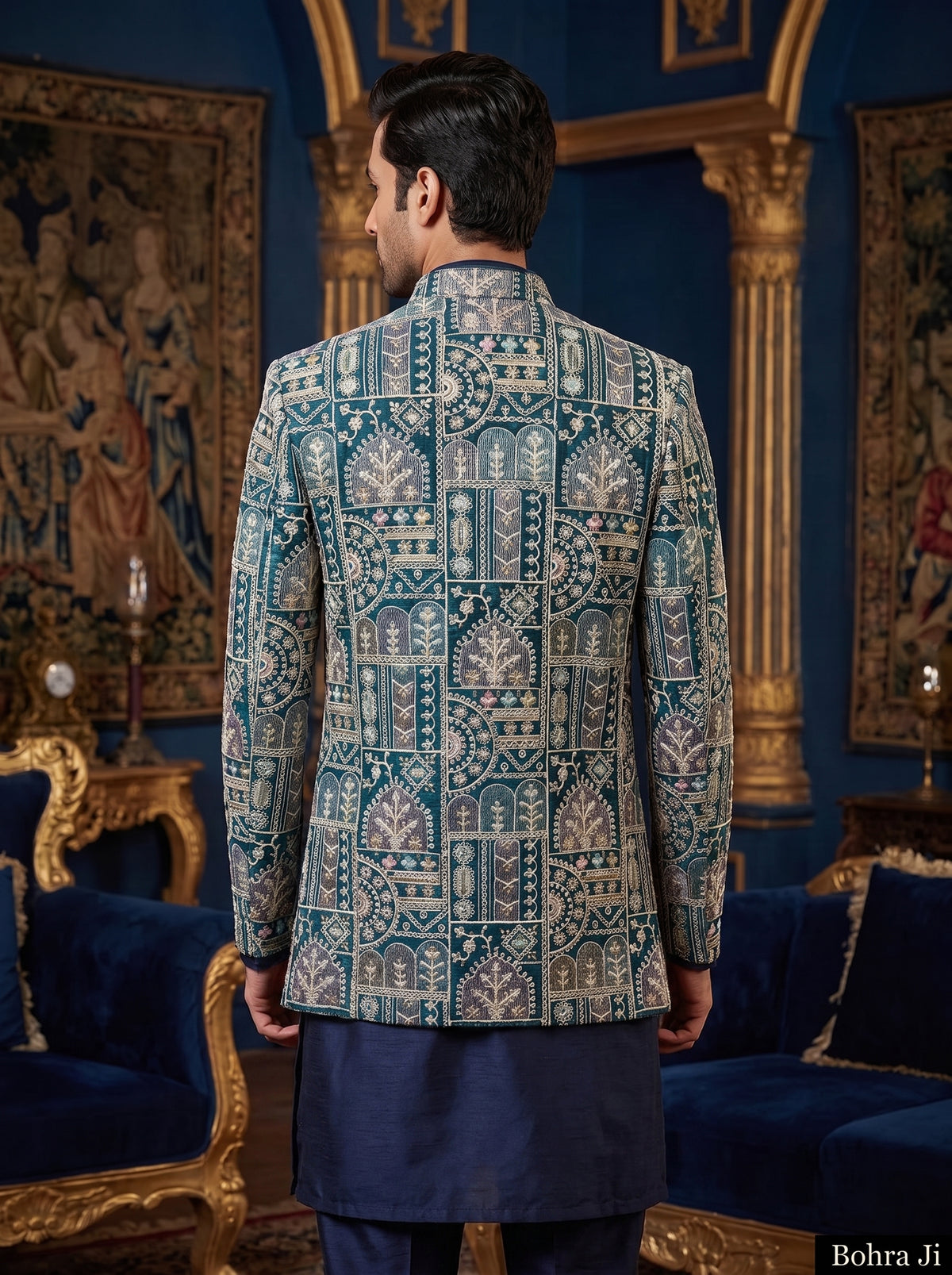 Abstract Navy Blue Open Indo Western Jacket/ Set