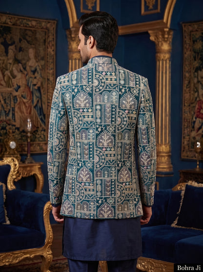 Abstract Navy Blue Open Indo Western Jacket/ Set