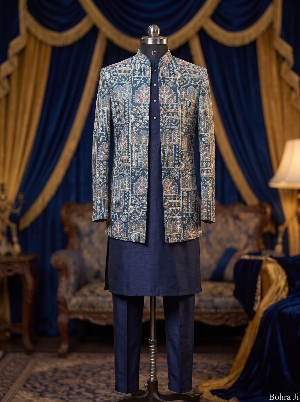 Abstract Navy Blue Open Indo Western Jacket/ Set