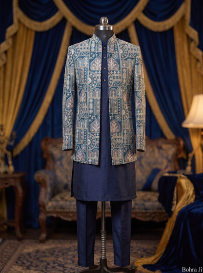 Abstract Navy Blue Open Indo Western Jacket/ Set