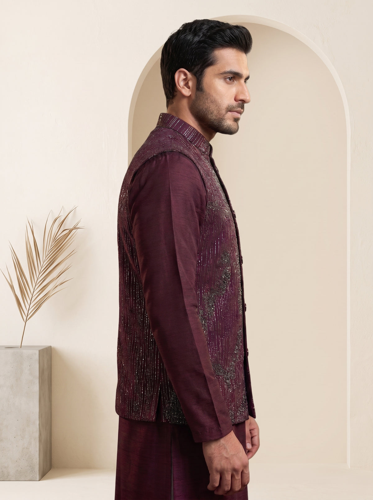 Maroon Silk Embroidered Nehru Jacket Set with Silver Threadwork