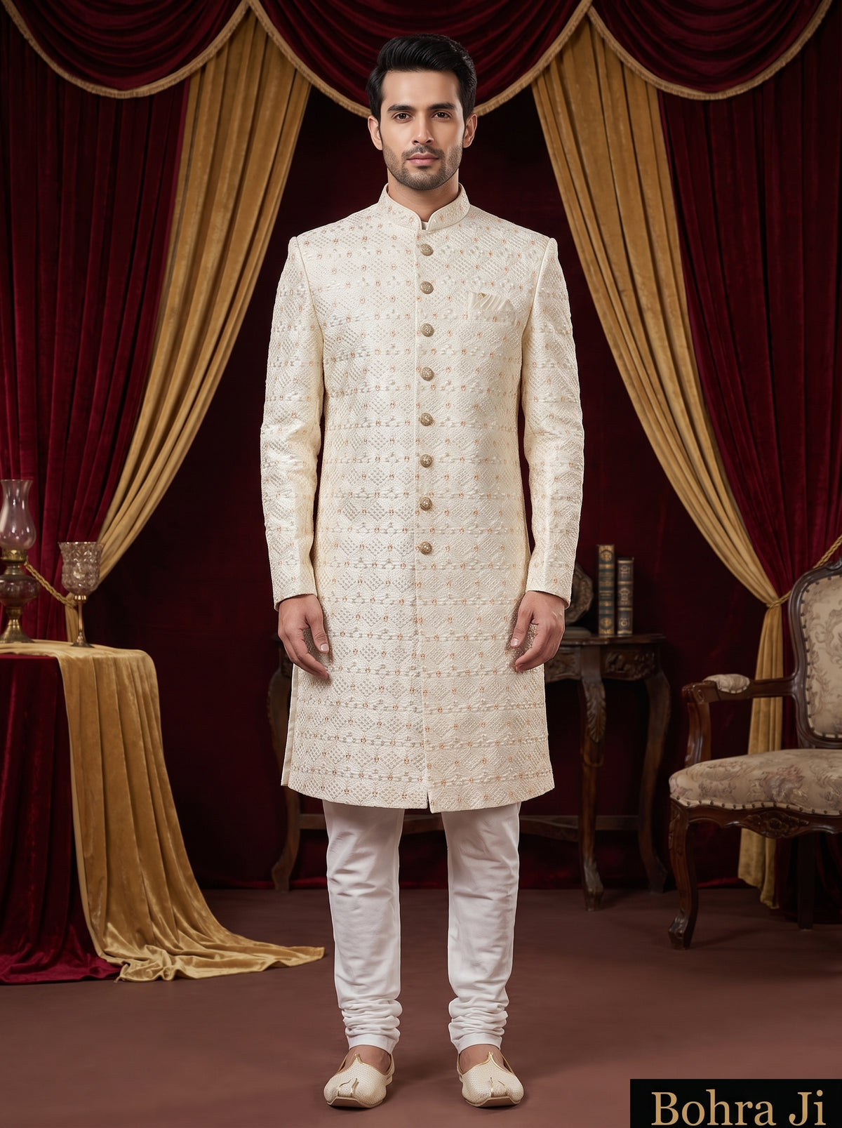 Cream peach Mirror eye Sherwani Set