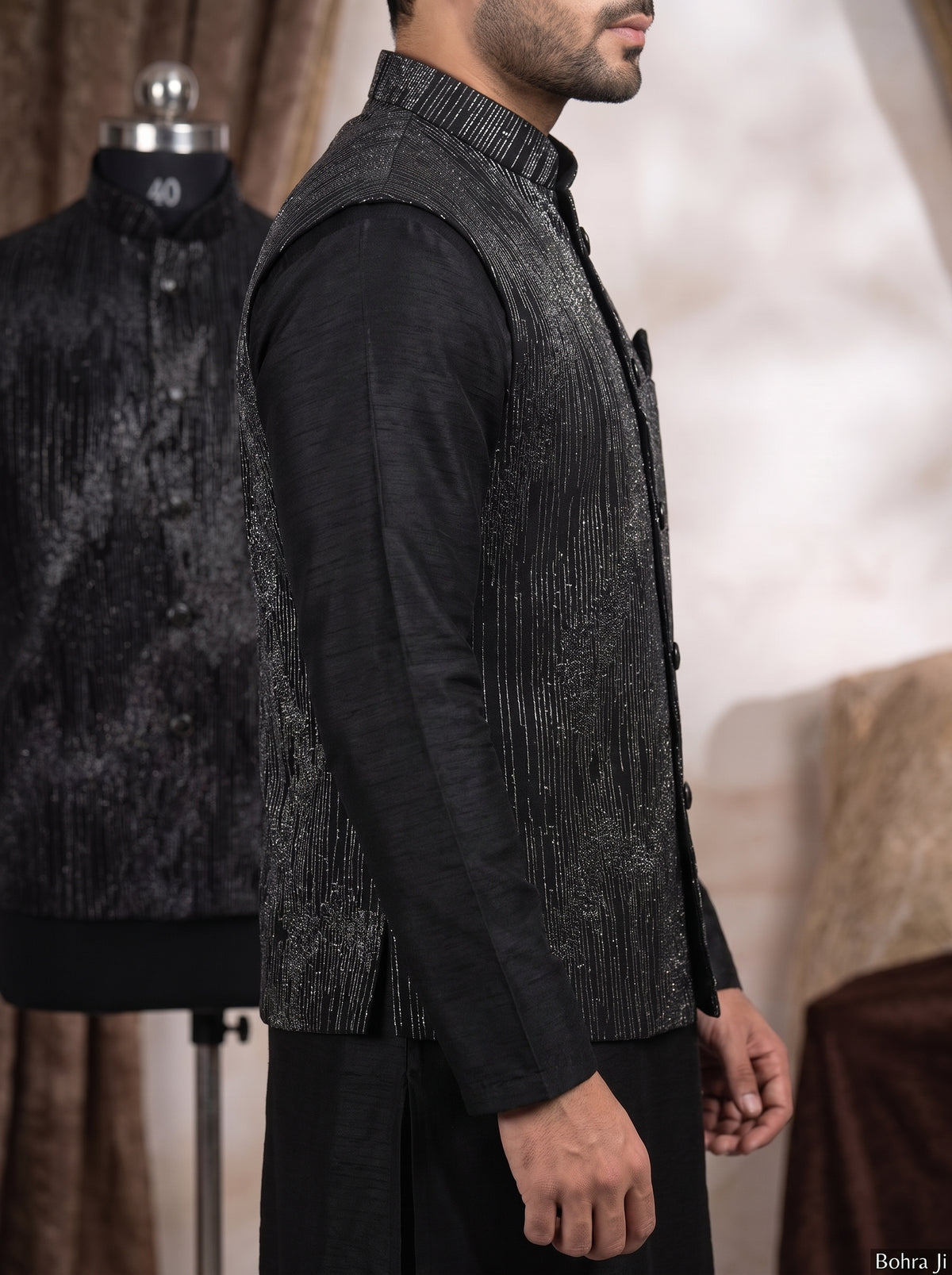 Black Silver Nehru Jacket /Set