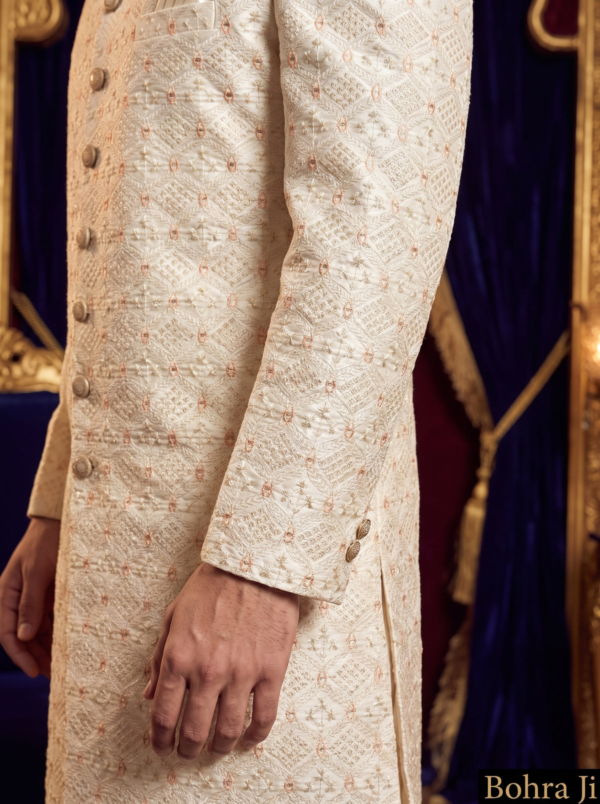Cream peach Mirror eye Sherwani Set