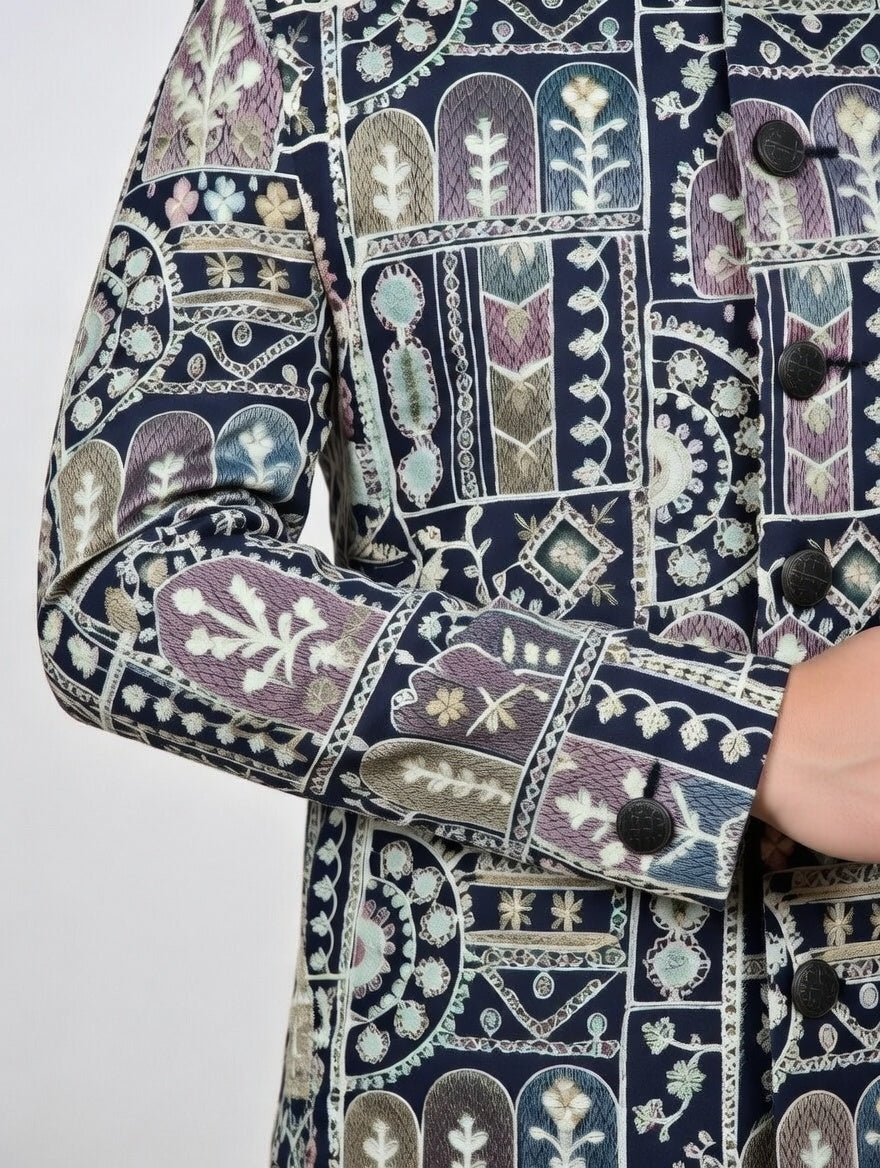 Close-up of a patterned jacket with intricate designs on a plain background