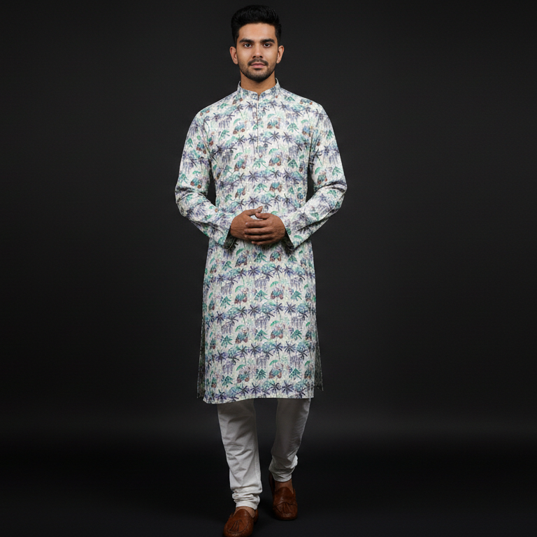 Man wearing a patterned kurta with white pants on a black background