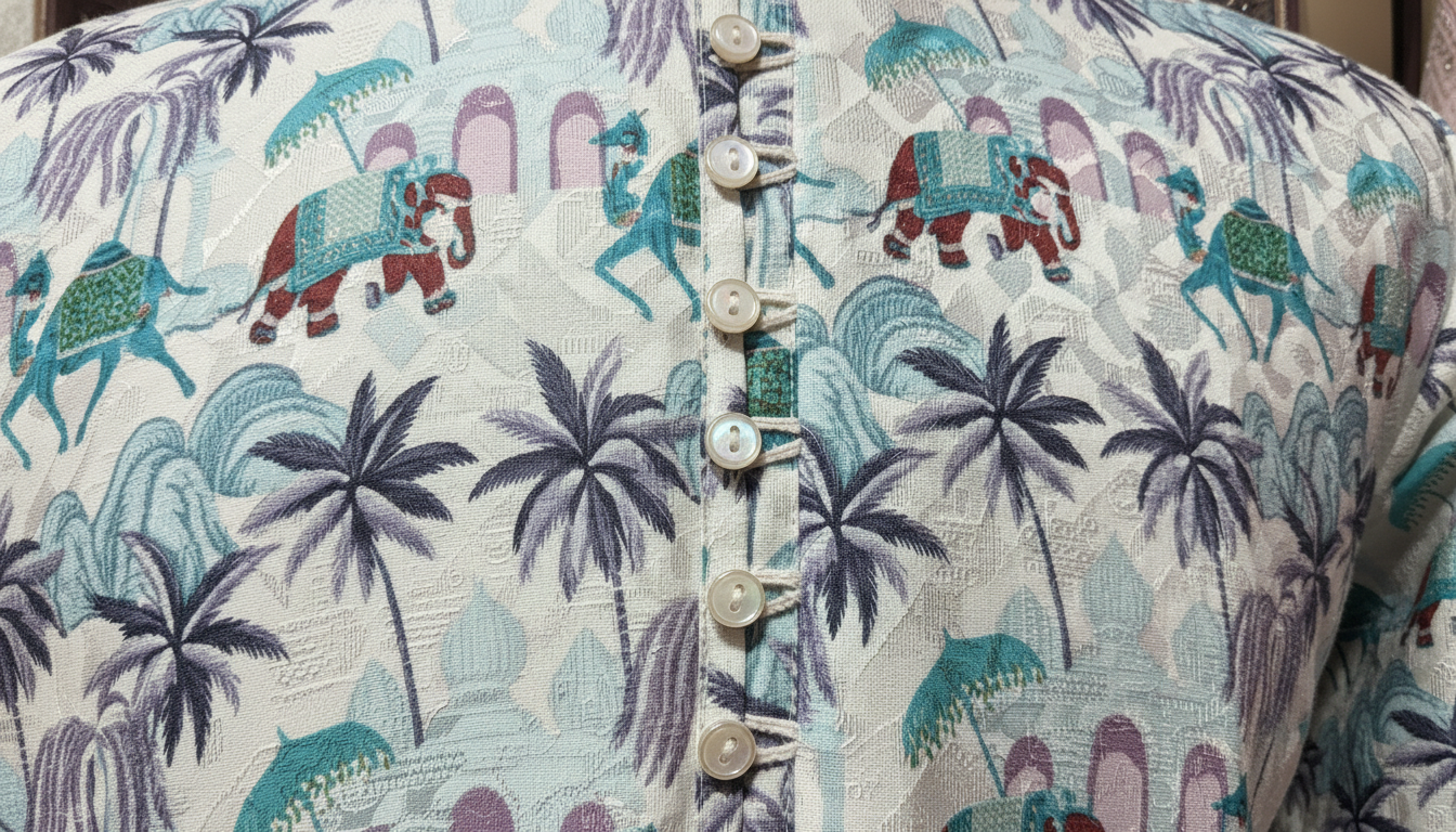 Fabric with elephant and palm tree pattern, featuring buttons.