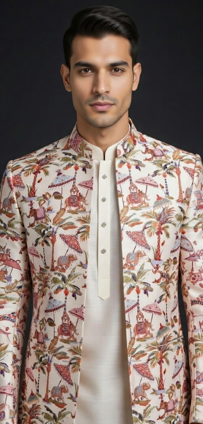 Man wearing a patterned traditional jacket over a white shirt against a dark background