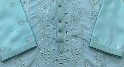Light blue fabric with intricate embroidery and buttons