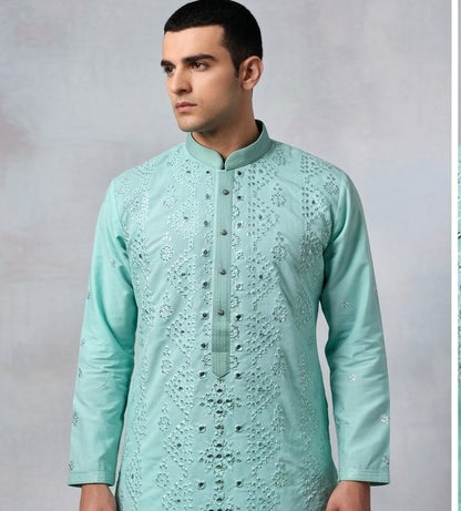 Man wearing a light blue embroidered kurta against a gray background