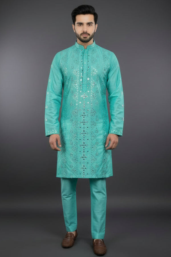 Man wearing a light green kurta with embroidery on a white background