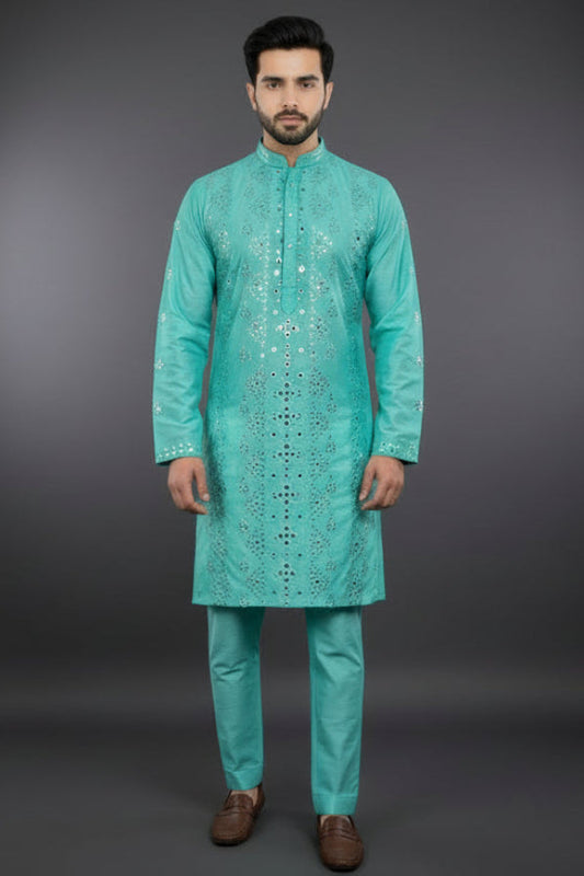 Man wearing a light green kurta with embroidery on a white background