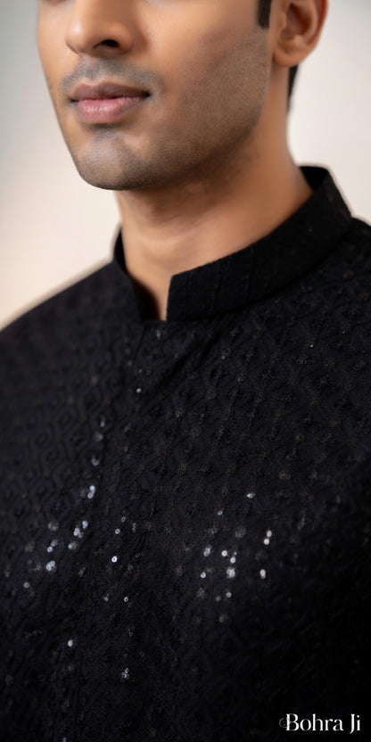 Midnight Black Sequin Chikan Kurta/ Set
