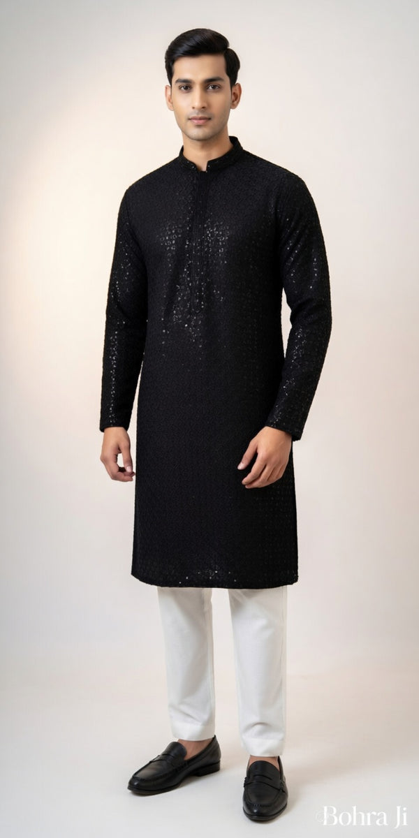 Midnight Black Sequin Chikan Kurta/ Set