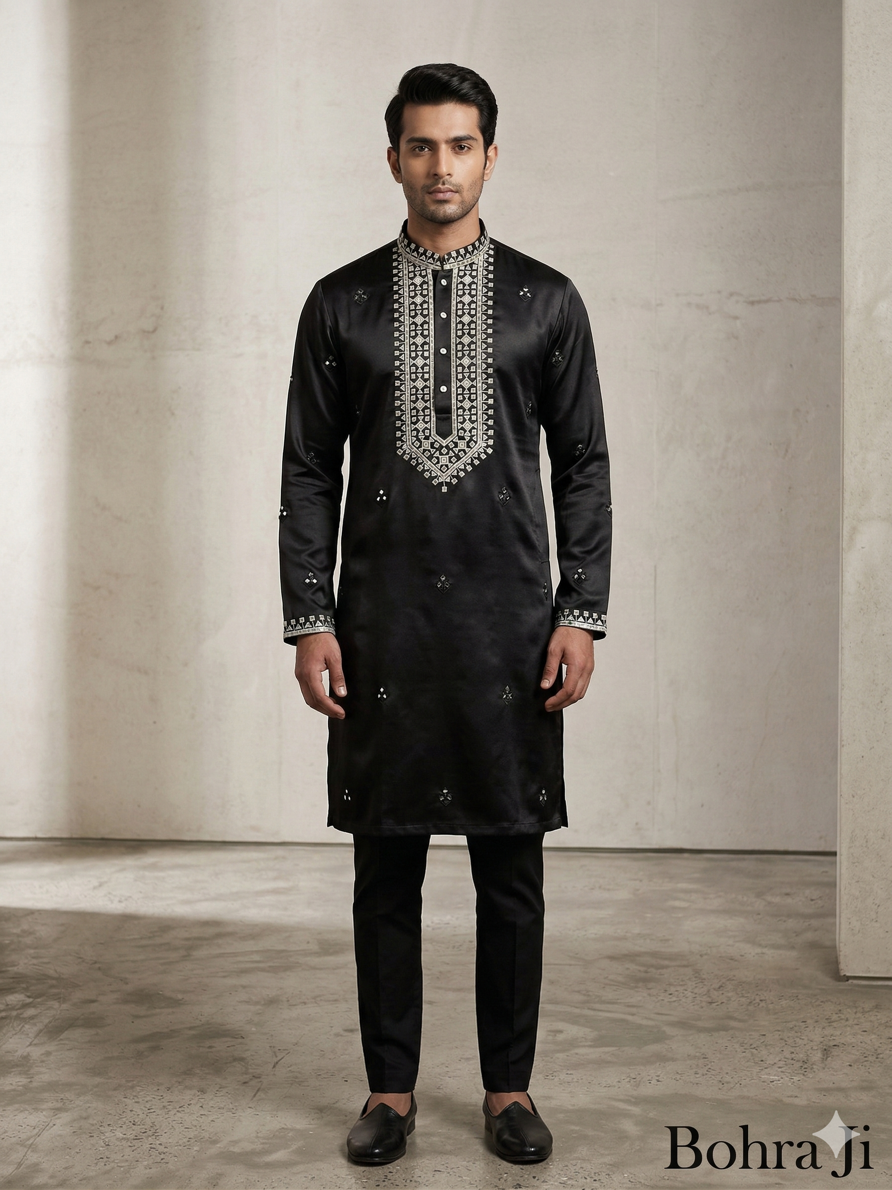 Man wearing a black embroidered kurta with pants against a neutral background