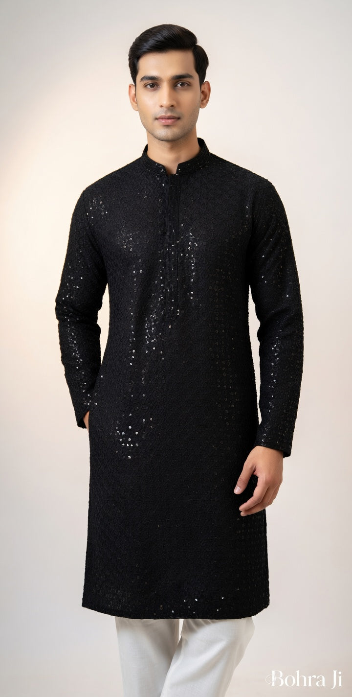 Midnight Black Sequin Chikan Kurta/ Set