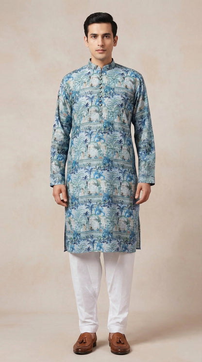 Teal Blue Regal Print Kurta