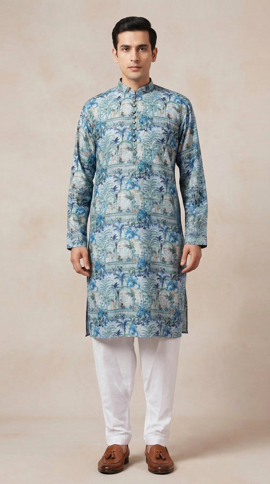 Teal Blue Regal Print Kurta