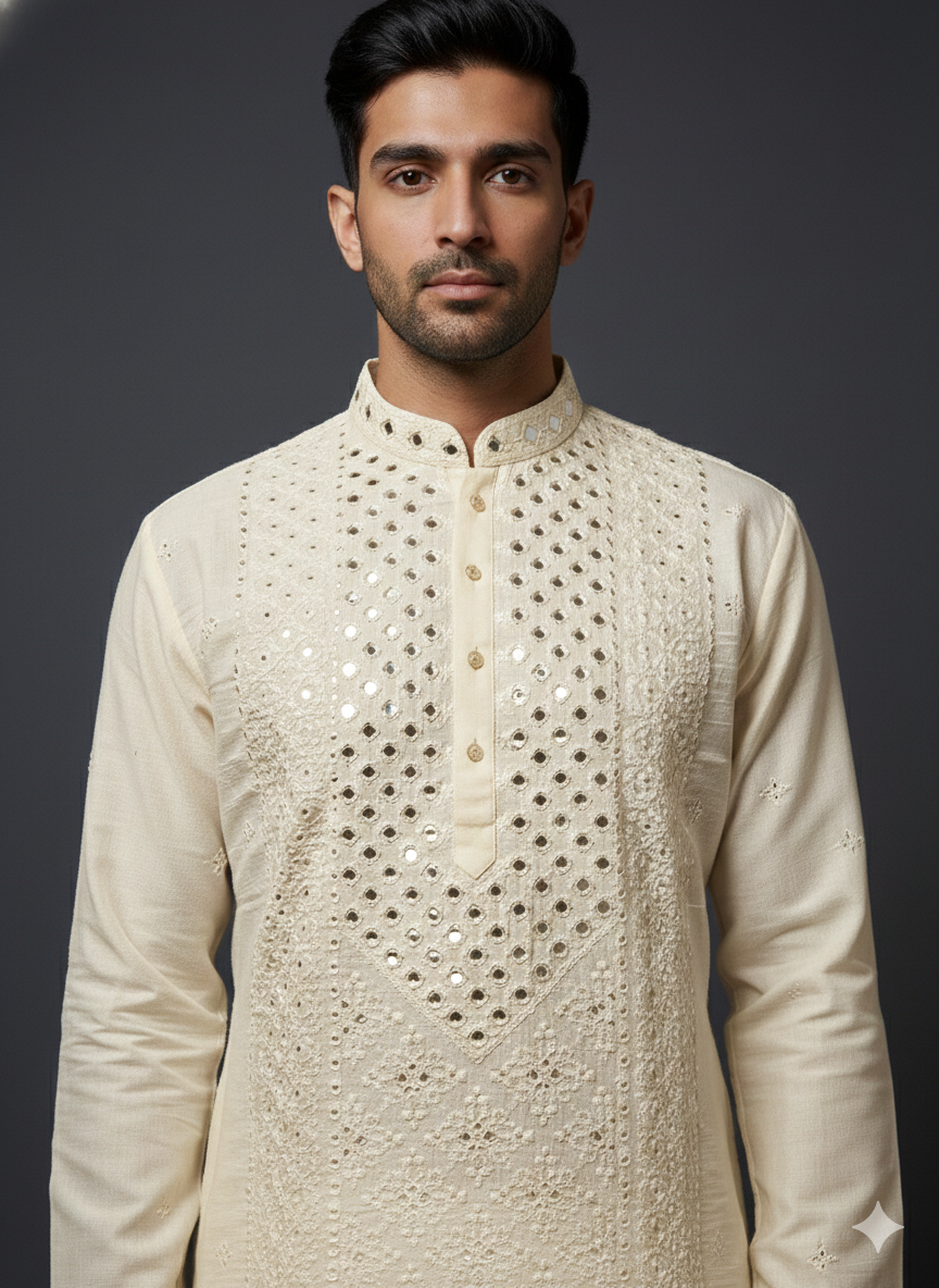 Man wearing a cream embroidered kurta against a dark background