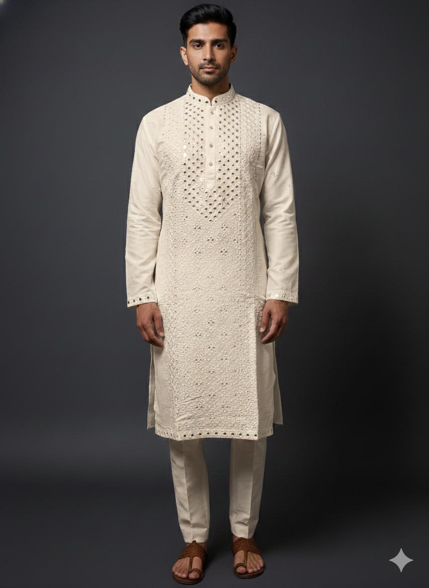 Man wearing a cream kurta with intricate patterns on a dark background