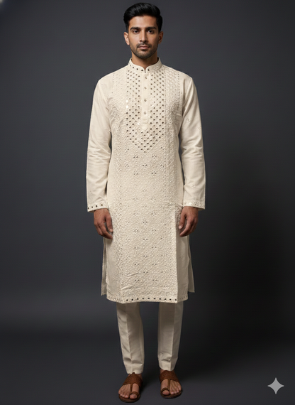 Man wearing a cream kurta with intricate patterns on a dark background