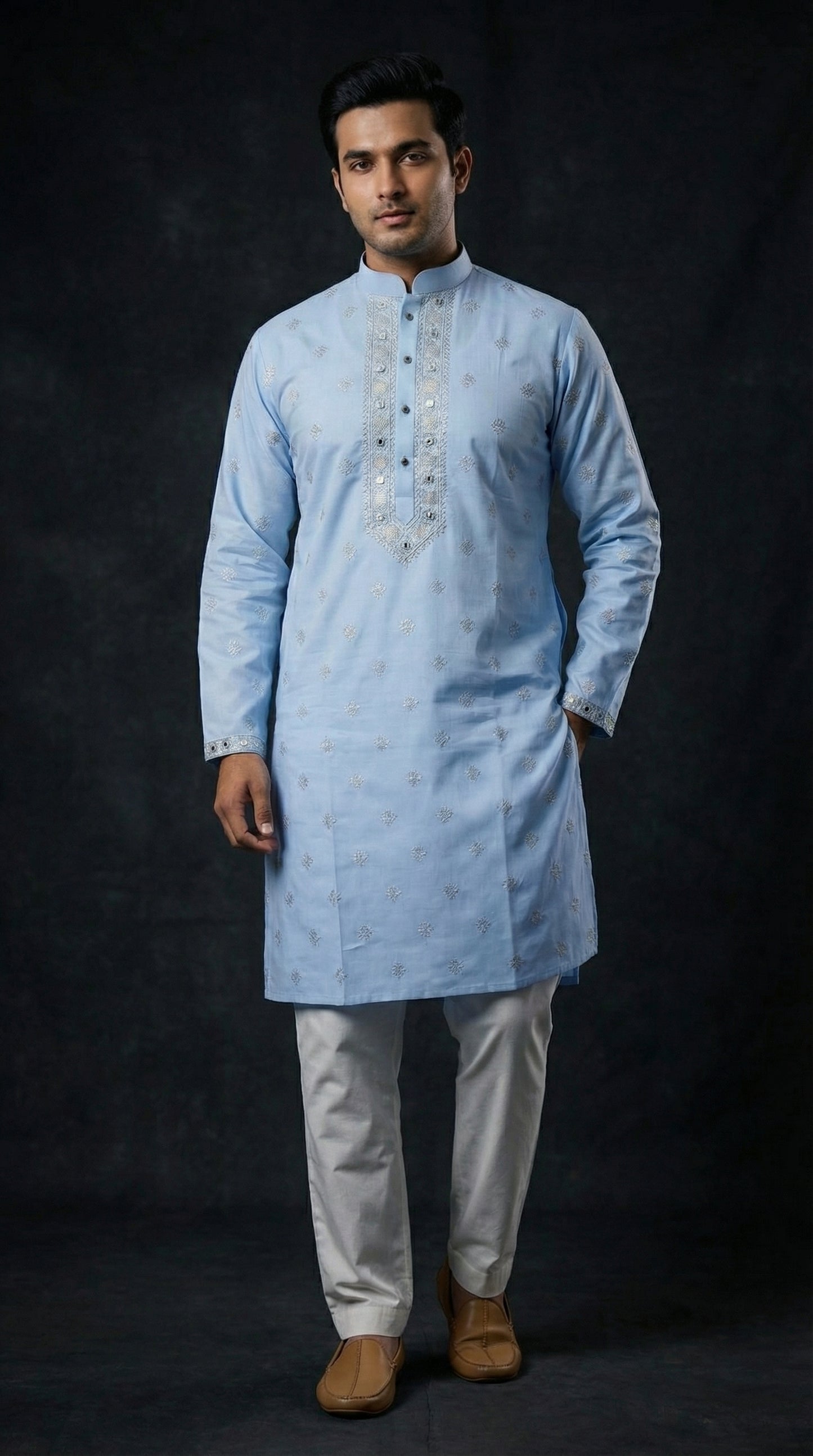 Man wearing a light blue kurta with white pants on a black background
