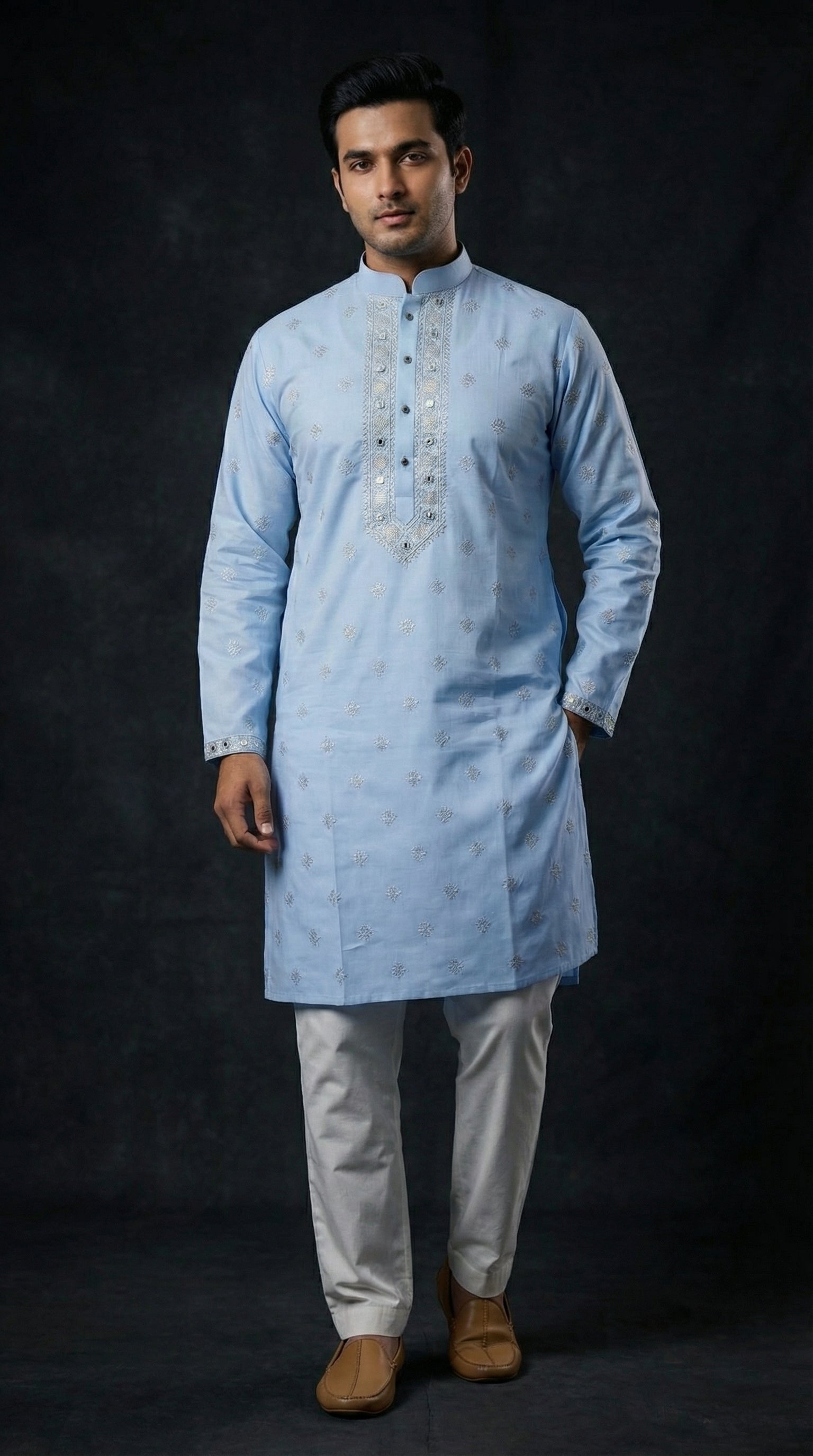 Man wearing a light blue kurta with white pants on a black background
