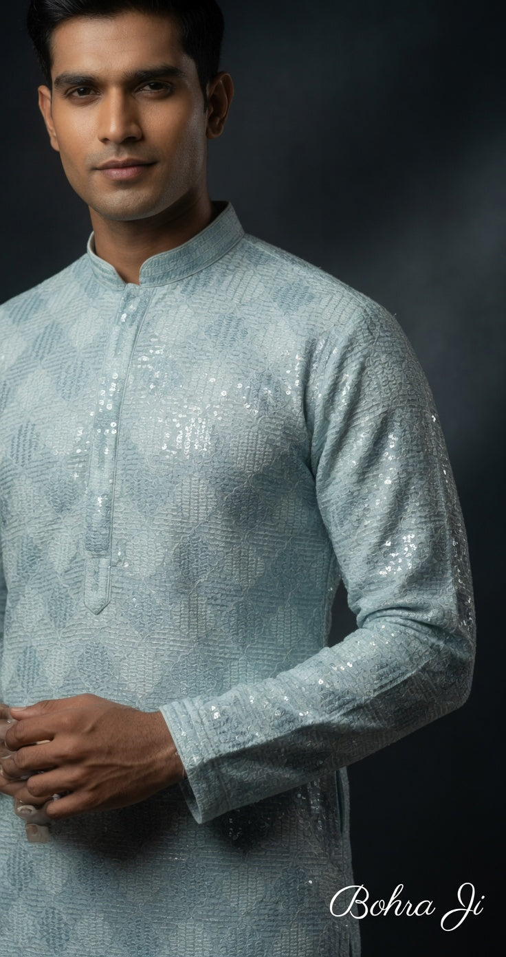 Checker Design Sequin Teal Blue Kurta/ Set