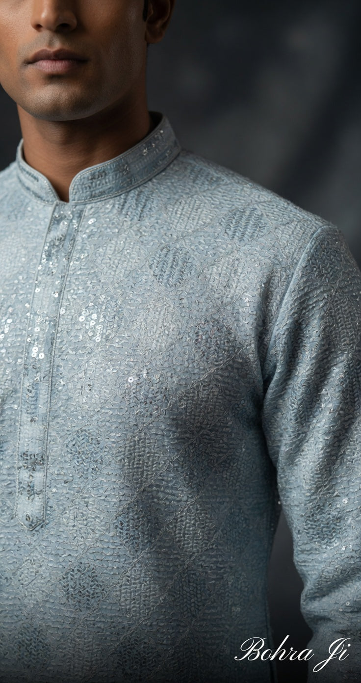 Checker Design Sequin Teal Blue Kurta/ Set
