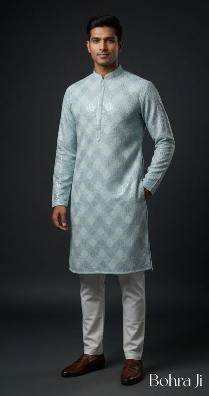 Checker Design Sequin Teal Blue Kurta/ Set