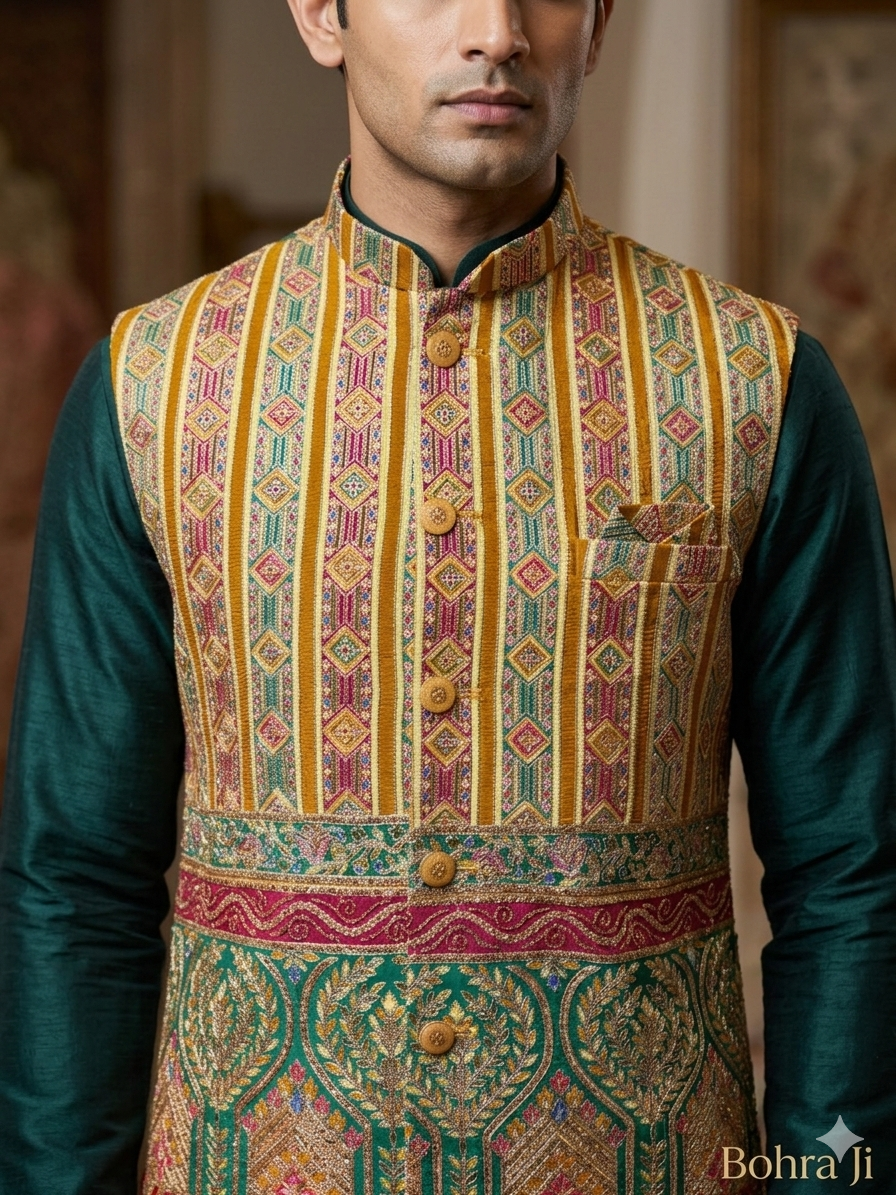 Emerald Green Brocade Nehru Jacket