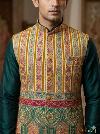 Emerald Green Brocade Nehru Jacket